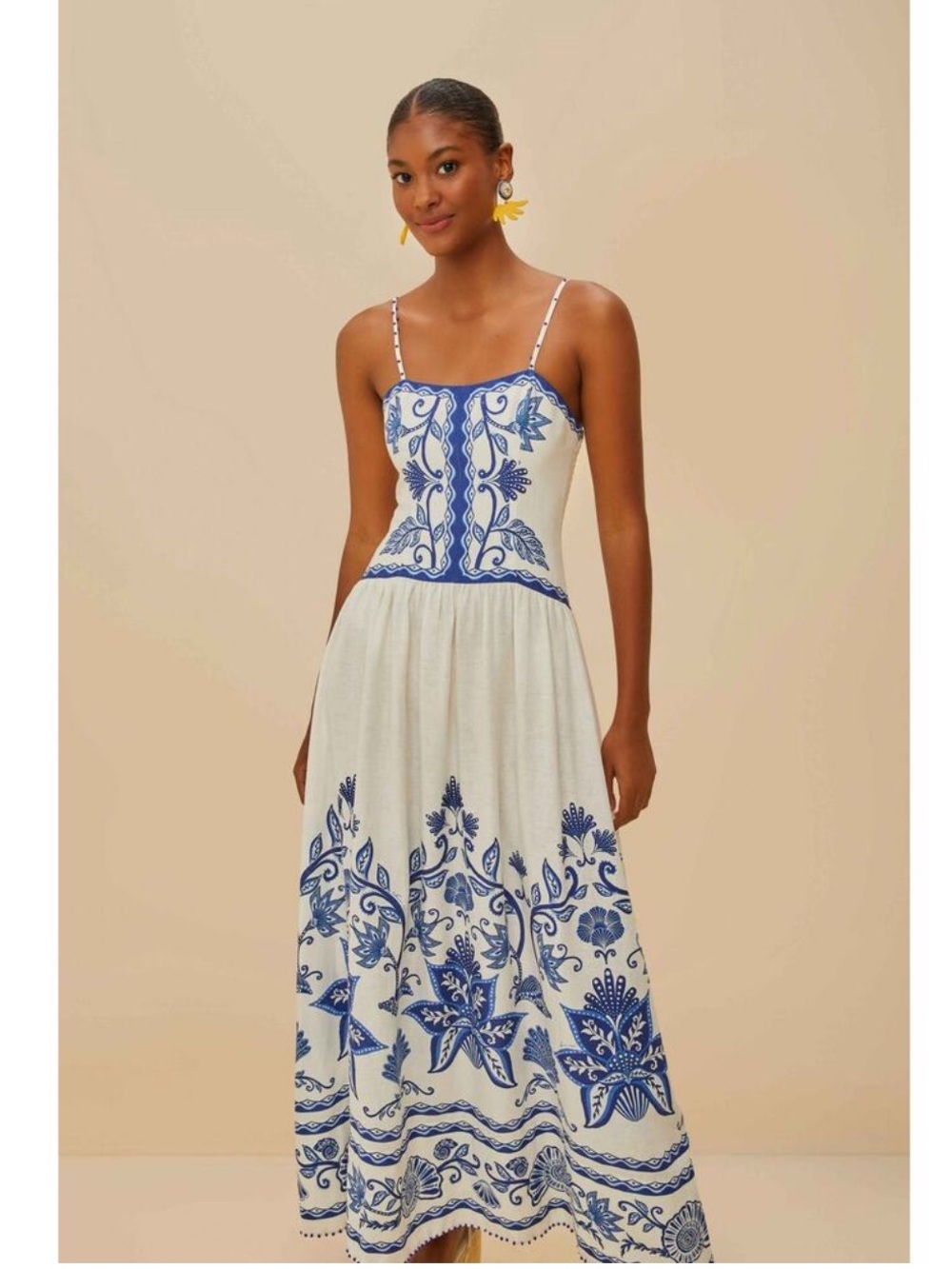 NWT FARM RIO Shell Garden Sleeveless Midi Dress Linen Blend Tropical Floral L